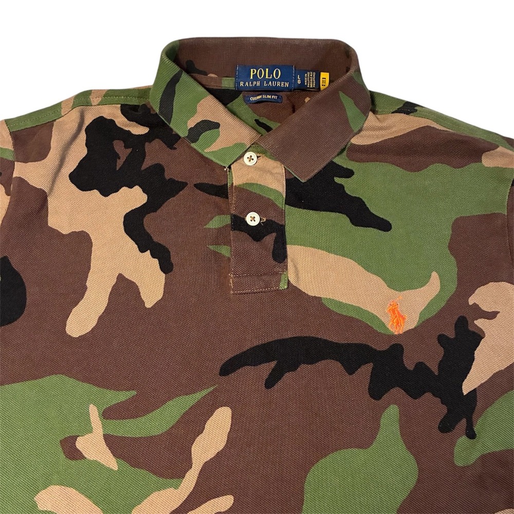 Polo Ralph Lauren Mens Camo Polo Shirt Custom Slim Fit Green Brown Orange Pony L